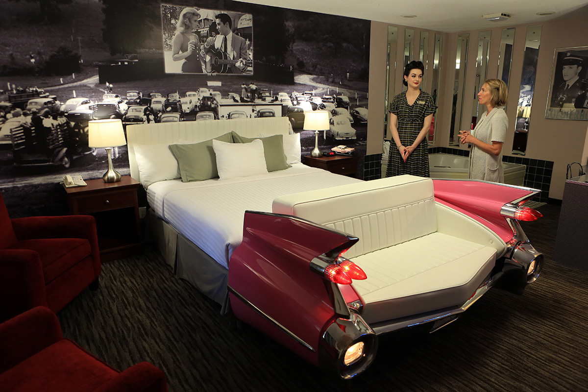 The pink Cadillac bed in the Elvis suite at Best Western Route 66 Rail Haven, Springfield, Missouri
