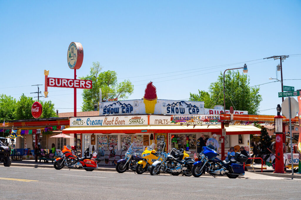 Colorful signs decorate the exterior of Delgadillo’s Snow Cap in Seligman, Arizona