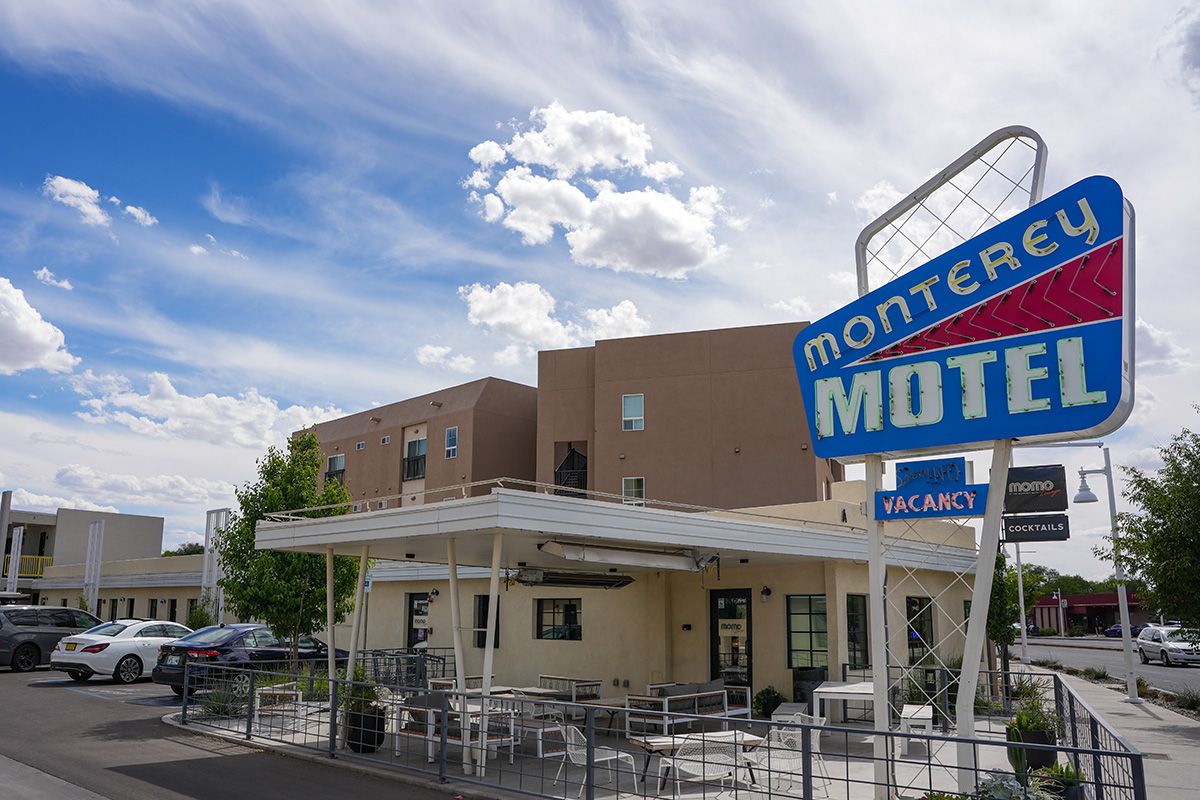 A retro roadside sign stands outside the Monterey Motel in Albuquerque, New Mexico