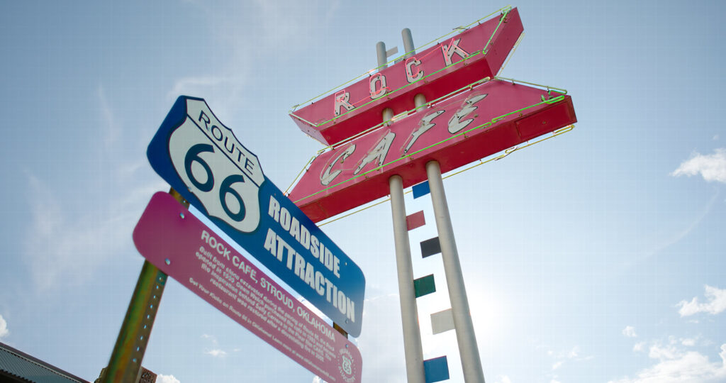 A neon sign welcomes visitors to the Rock Cafe in Stroud, Oklahoma