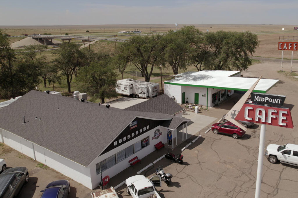 Aerial view of the Midpoint Cafe in Adrian, Texas