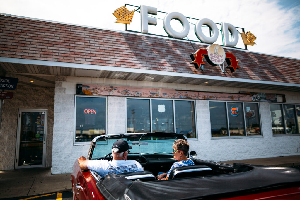 The iconic “FOOD” sign of the Cozy Dog Drive In in Springfield, Illinois