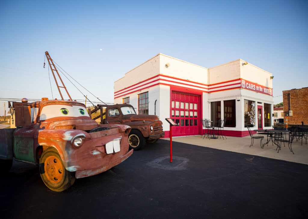 Boom trucks that inspired the Pixar character Tow Mater outside Cars on the Route in Galena, Kansas