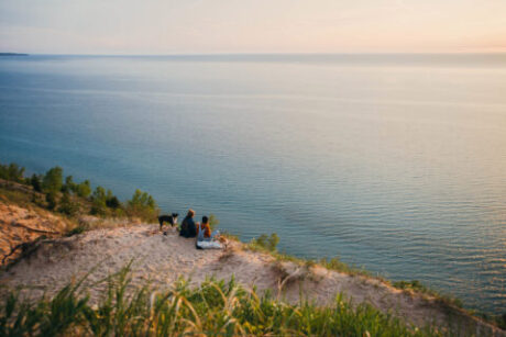 Taking in Lake Michigan views after hiking sand dunes near Traverse City, Michigan