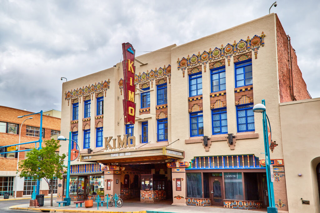 The Pueblo Deco exterior of the KiMo Theatre in Albuquerque, New Mexico