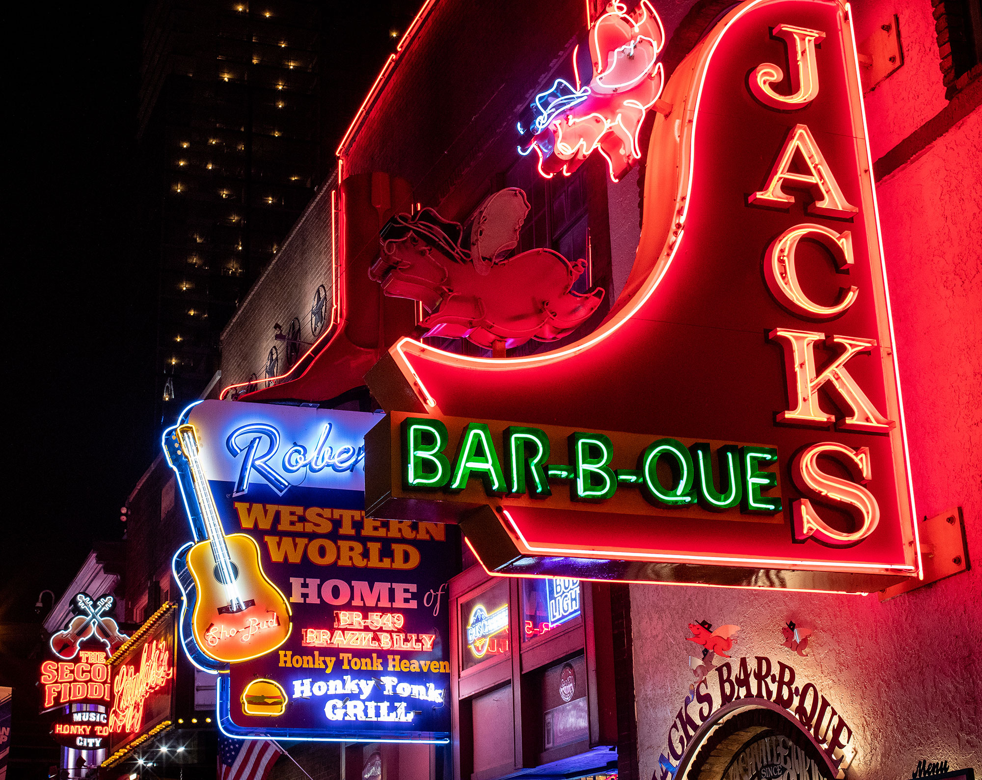 Neon signs of live music venues on Broadway in Nashville, Tennessee