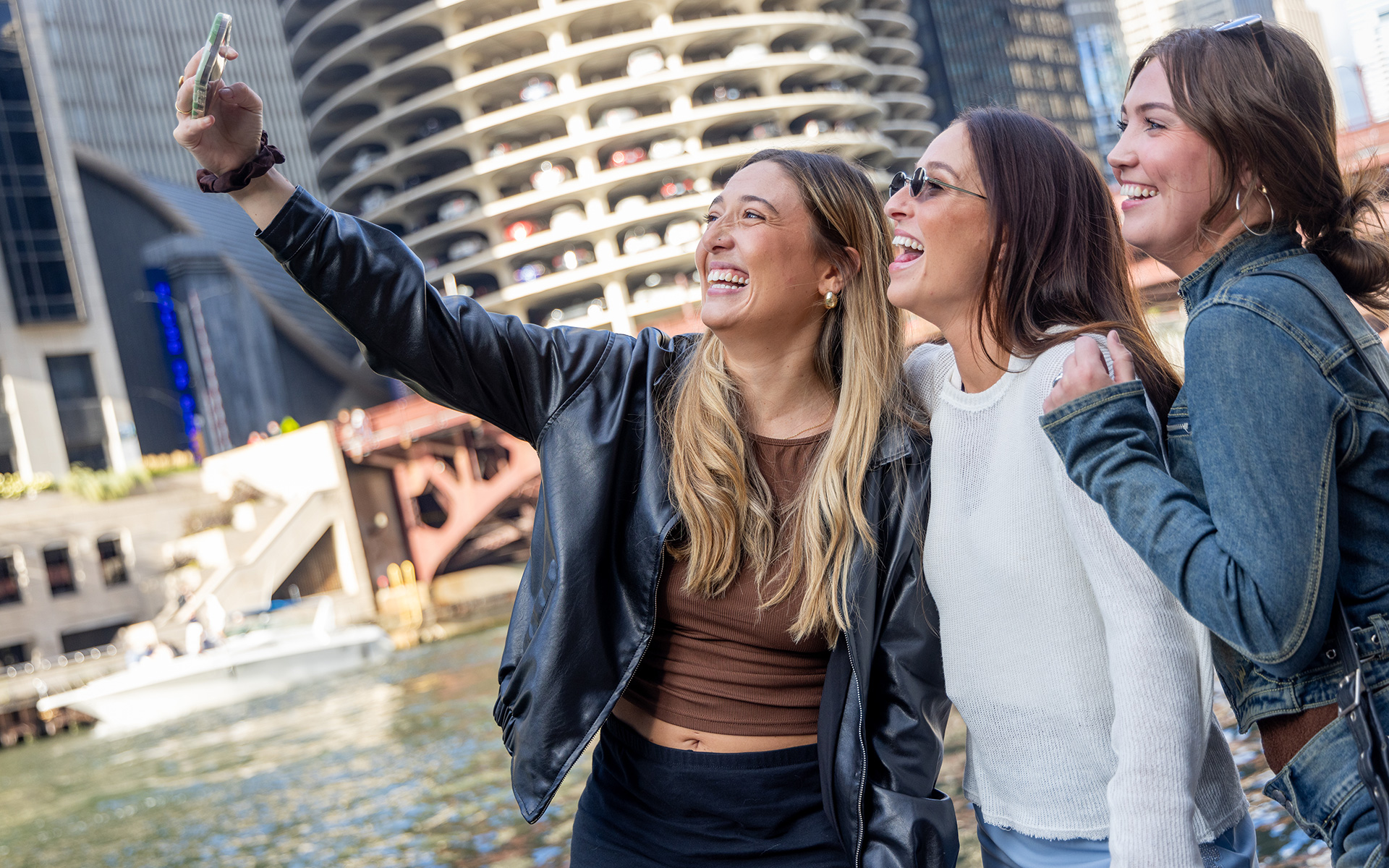 Talking a selfie on the Riverwalk in Chicago, Illinois