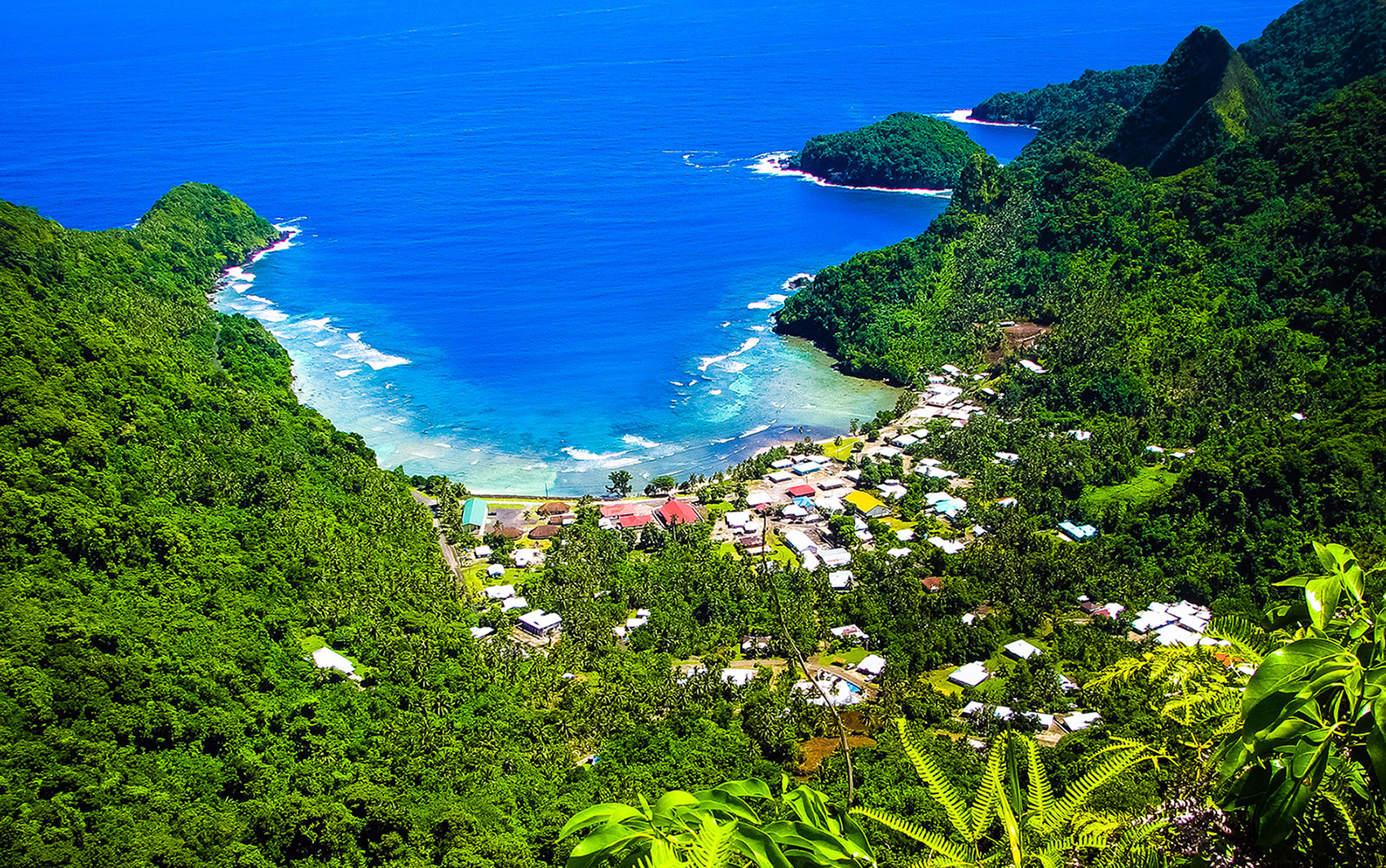 Aerial of Afono, a small village in American Samoa 
