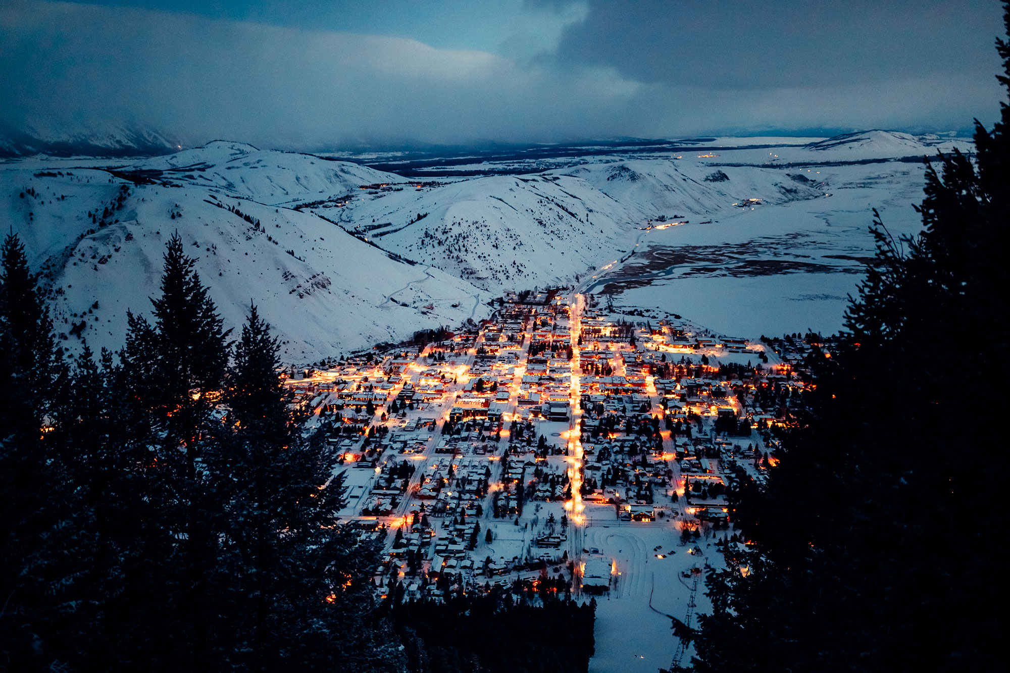 Aerial view of the lights of Jackson, Wyoming, during winter