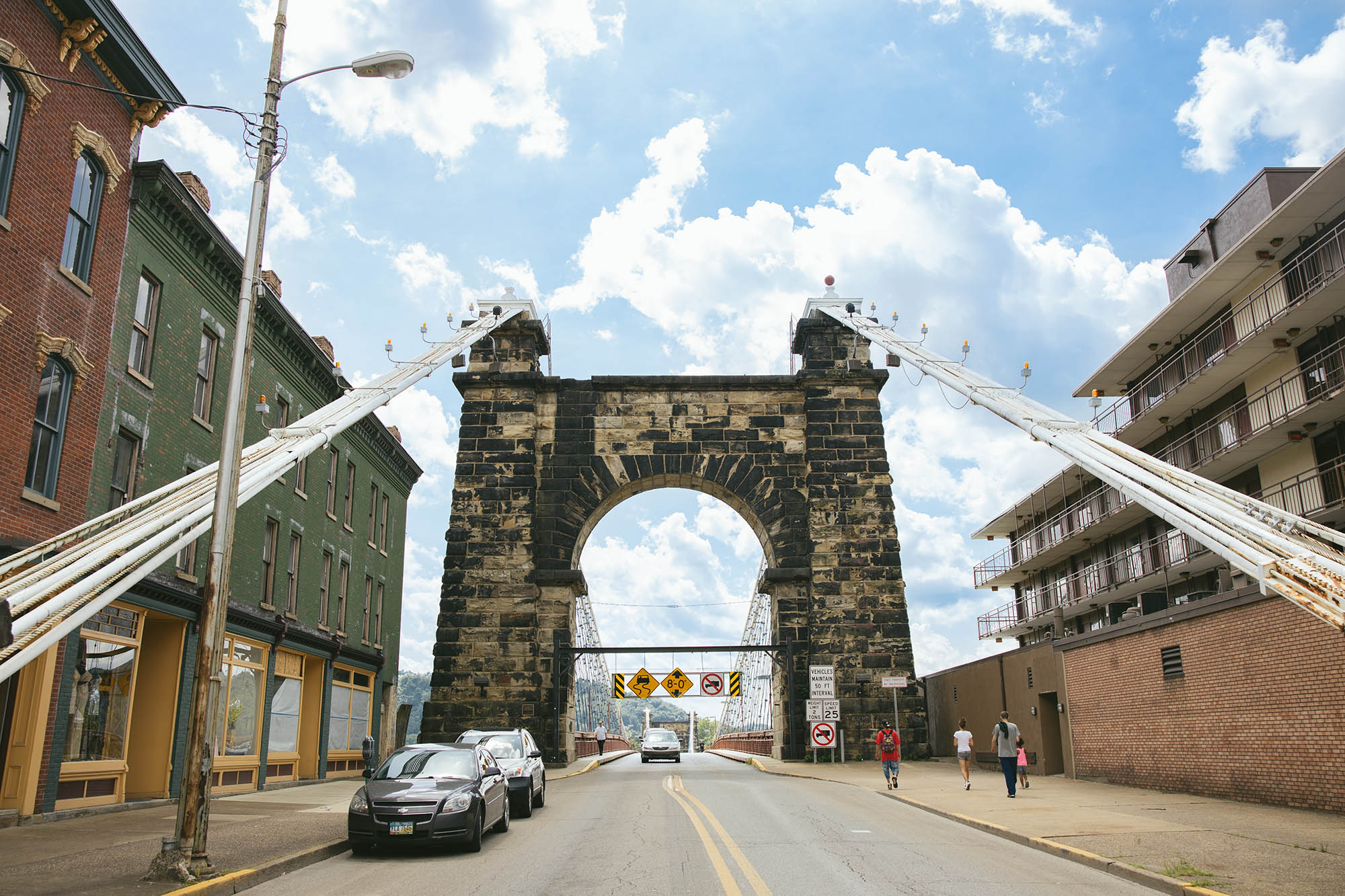 Street-level view of Wheeling Suspension Bridge in Wheeling, West Virginia
