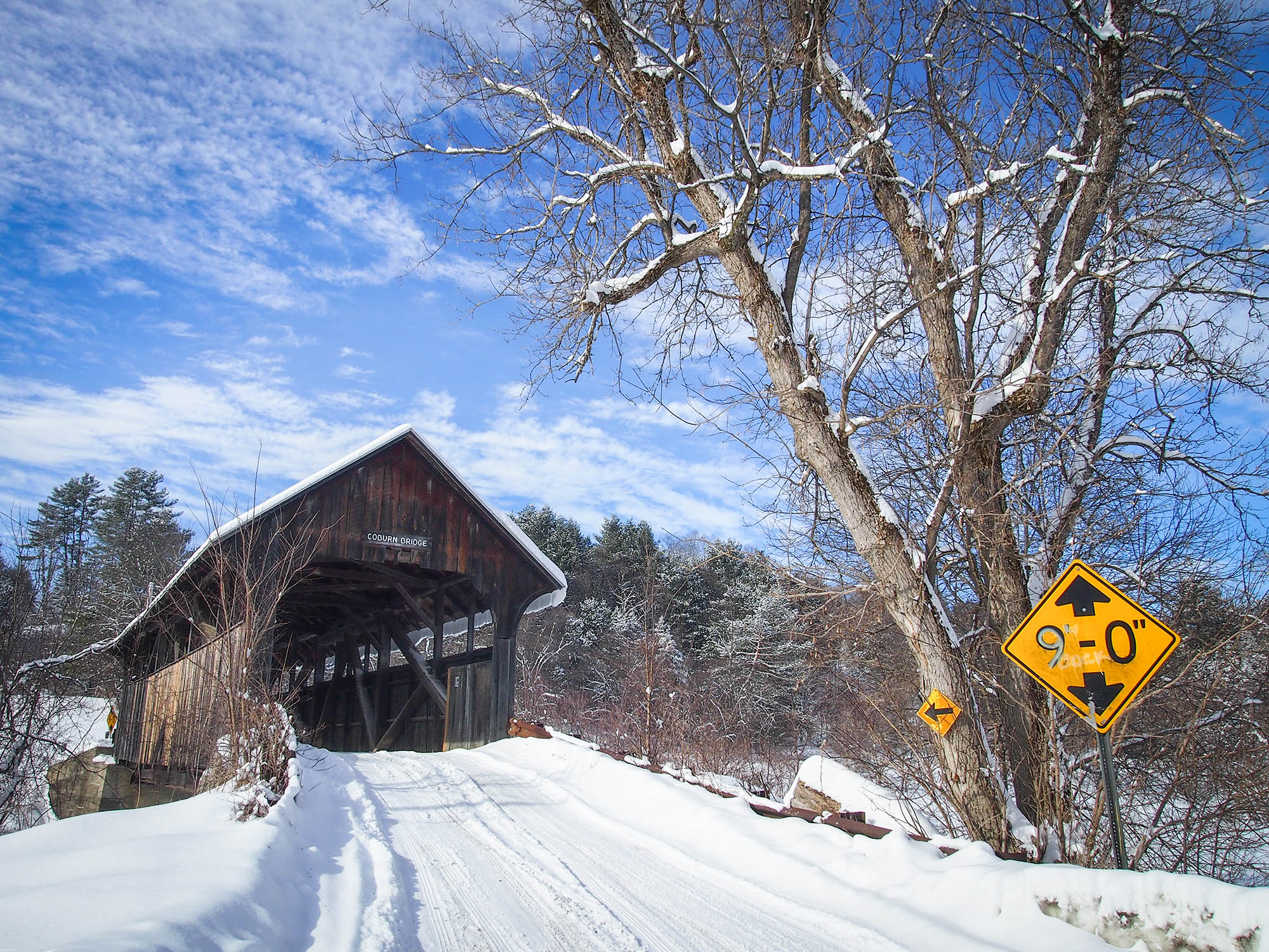 A wintry scene at a covered bridge near Montpelier, Vermont