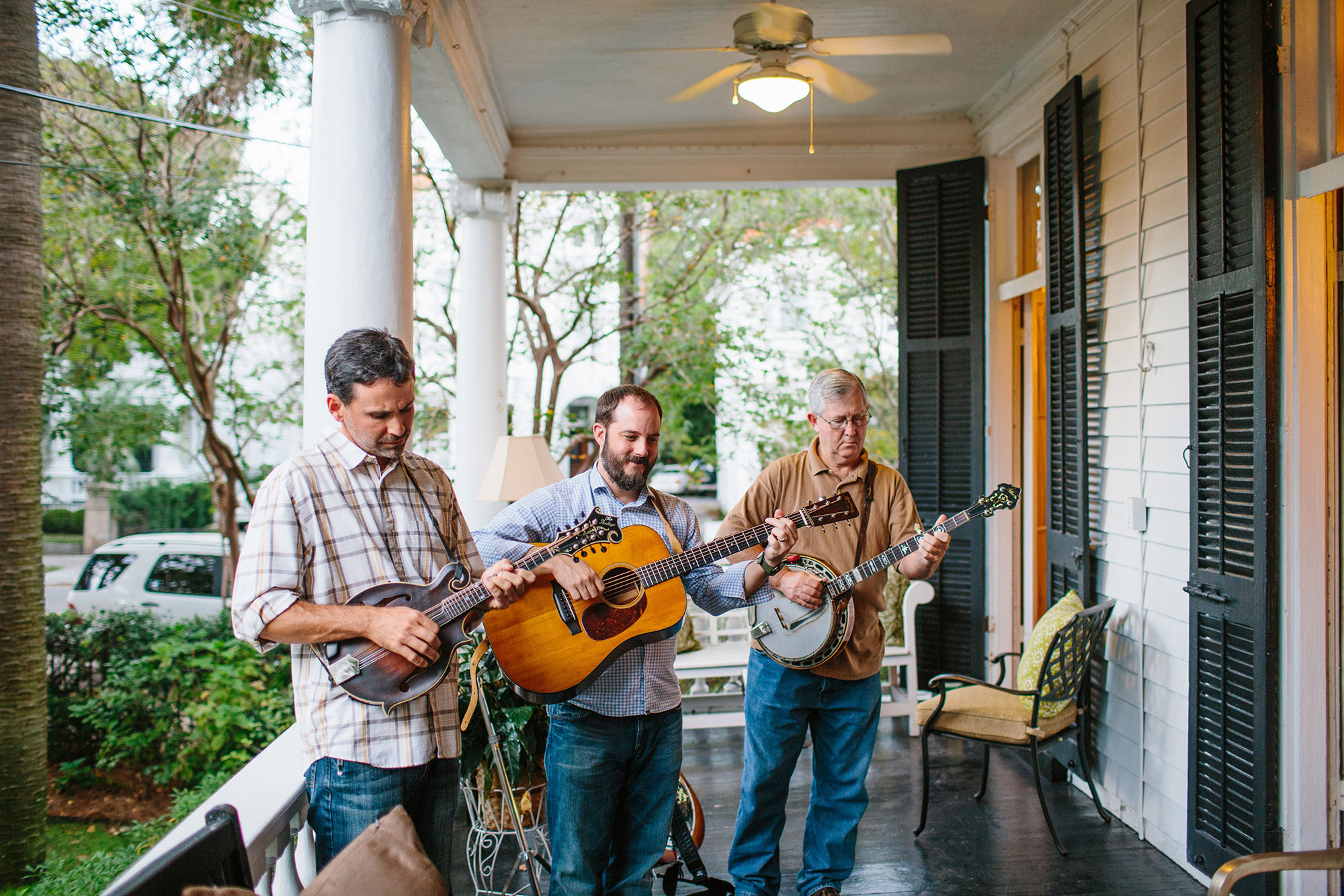 Musicians at a Southern-style porch party in Charleston, South Carolina