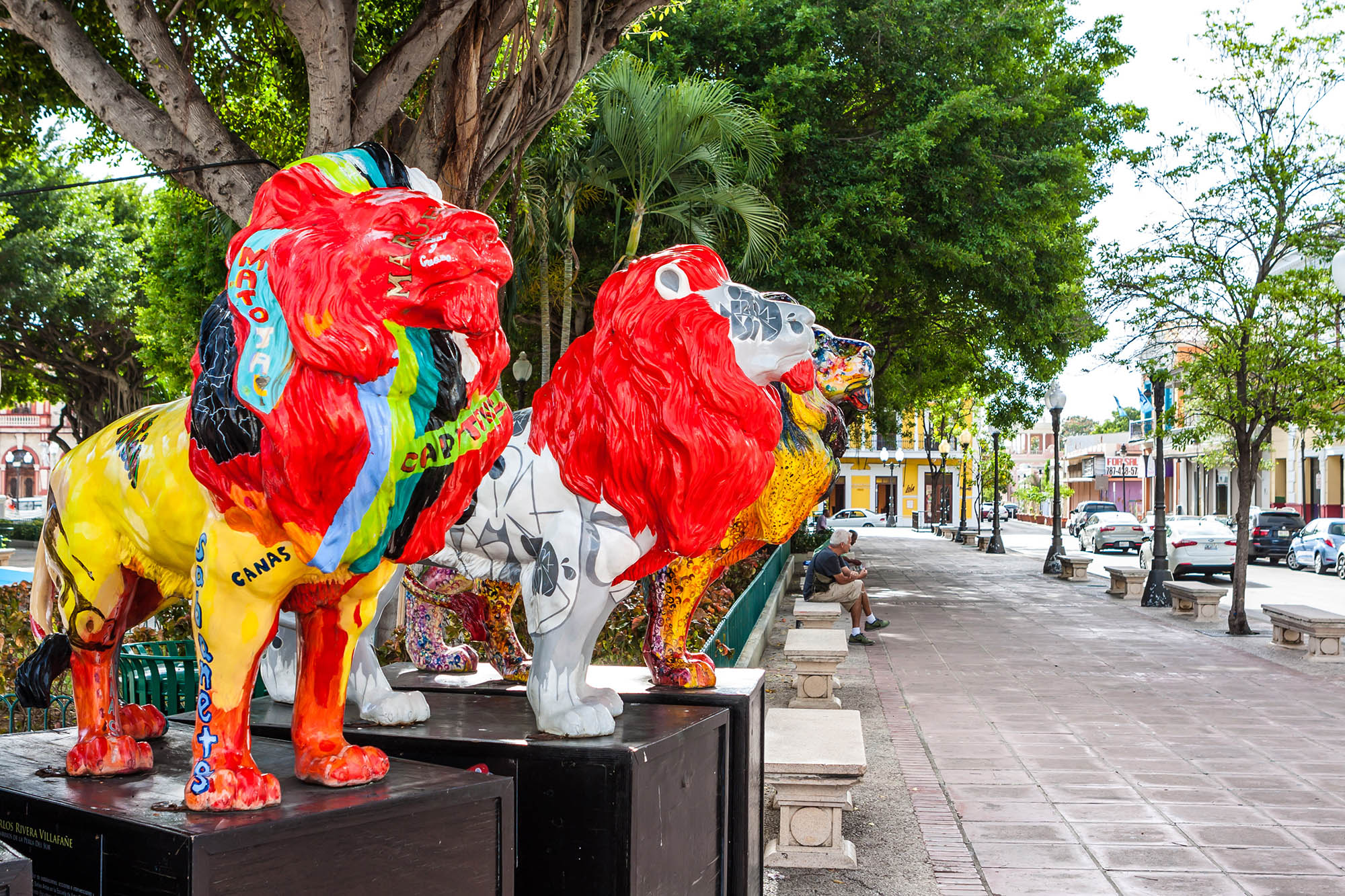 Colorful lion statues on display in Plaza Las Delicias, Ponce, Puerto Rico