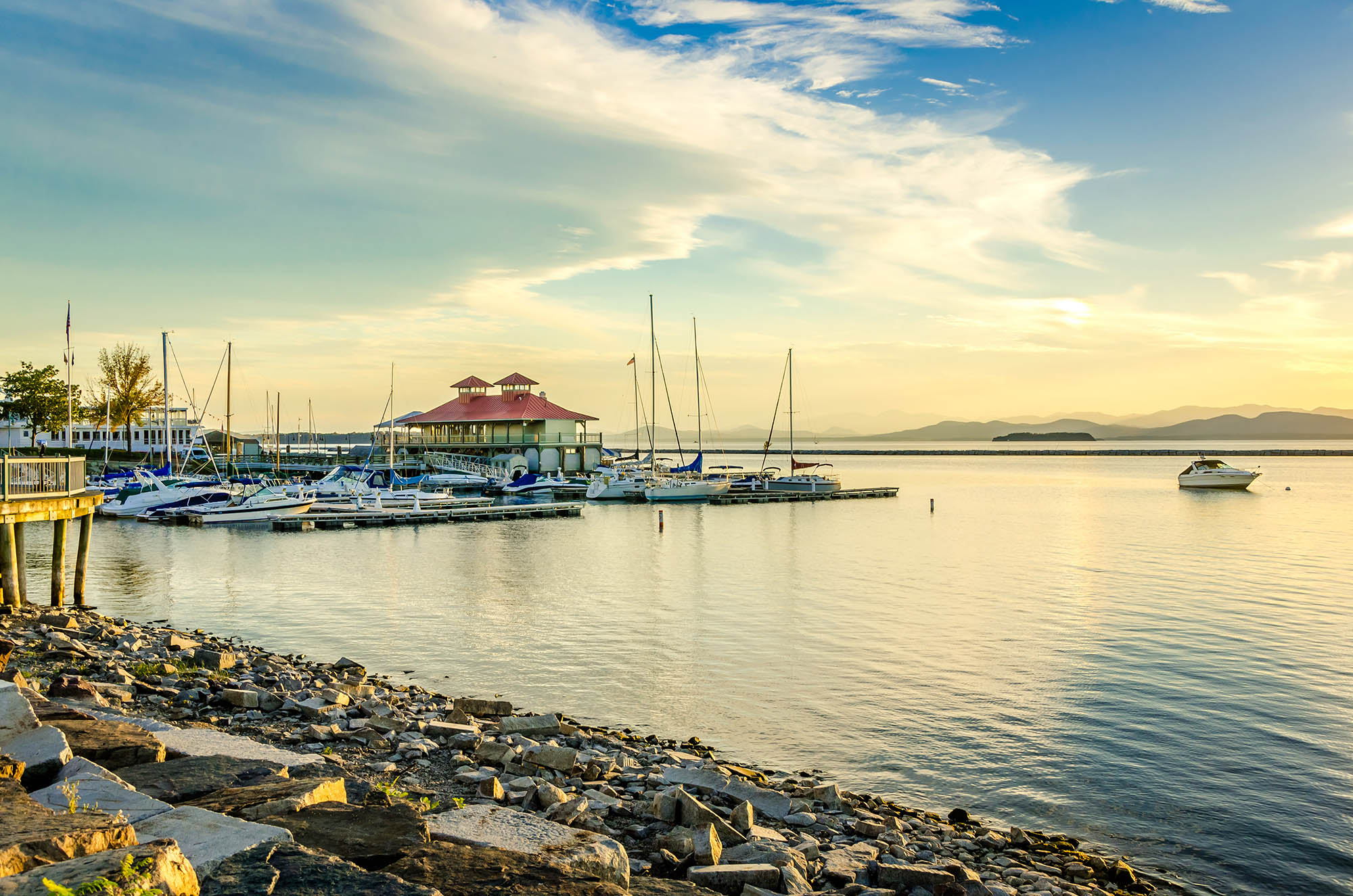 View of Burlington Harbor from Waterfront Park in Burlington, Vermont