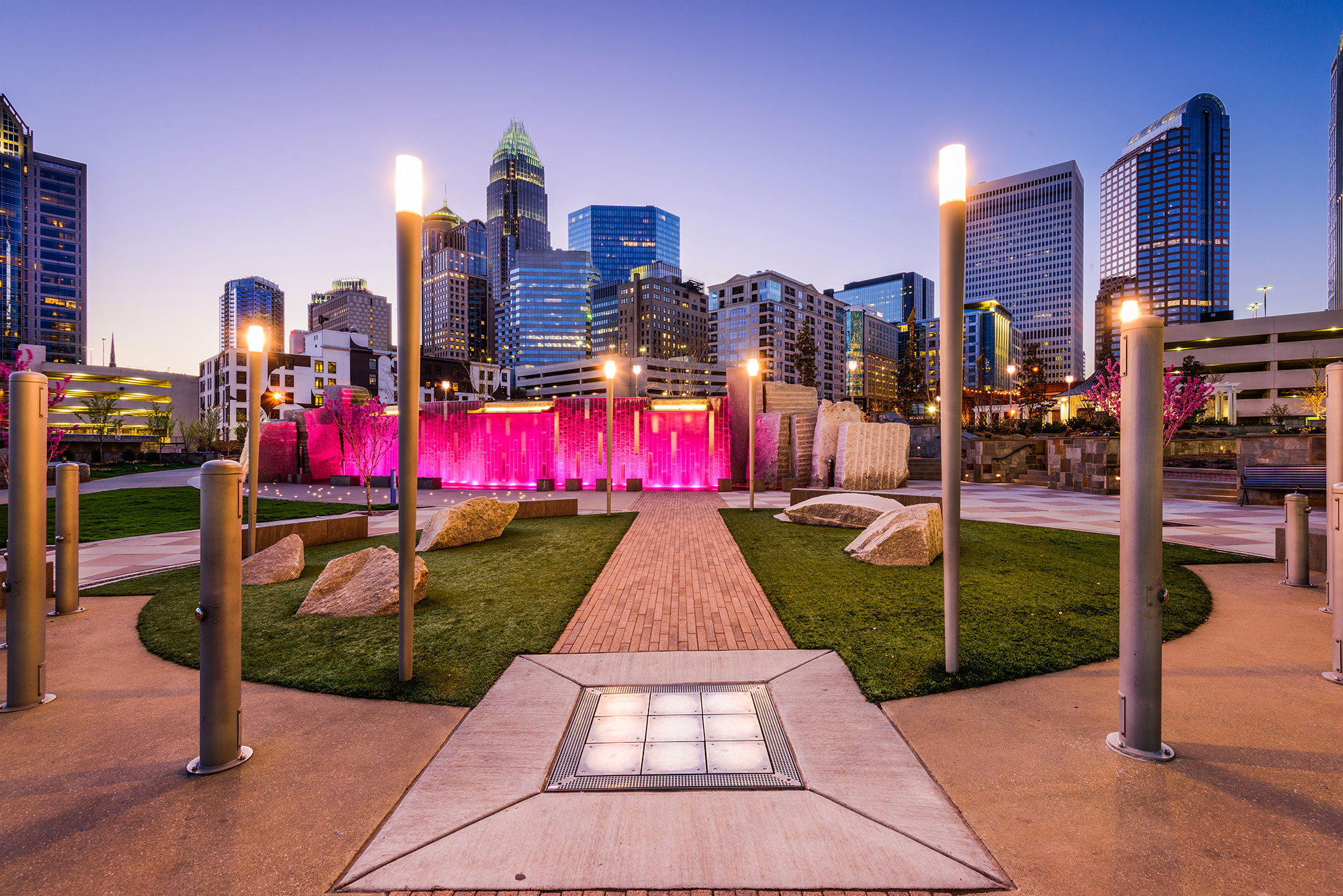 Romare Bearden Park with skyline in Charlotte, North Carolina 
