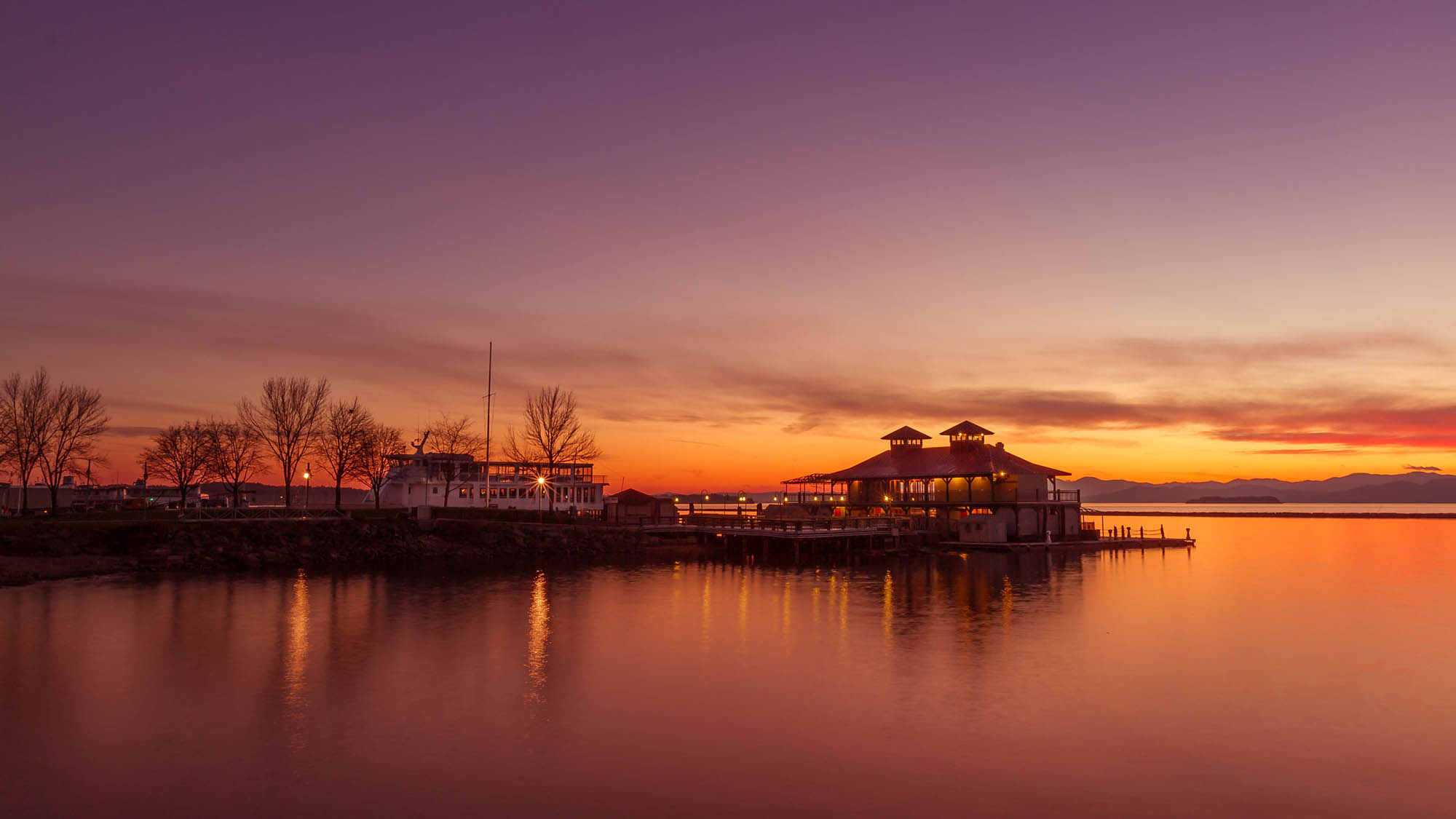 Sunset over the boathouse on Lake Champlain in Burlington, Vermont