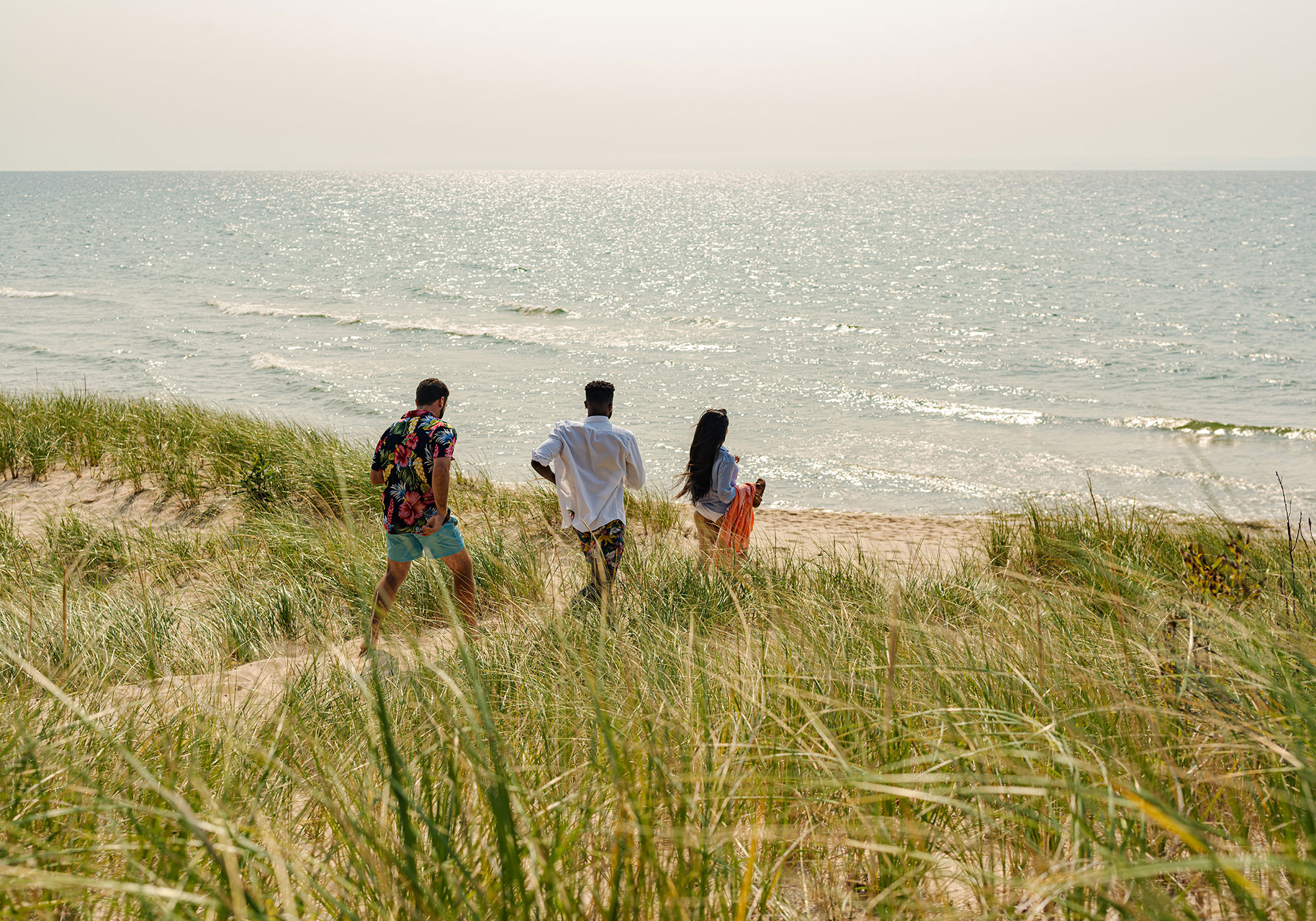 Visitors at a beach on Lake Michigan in Michigan