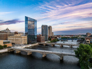 The downtown Grand Rapids, Michigan, skyline and riverfront