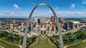 Aerial of the Gateway Arch with downtown St. Louis, Missouri, in the background