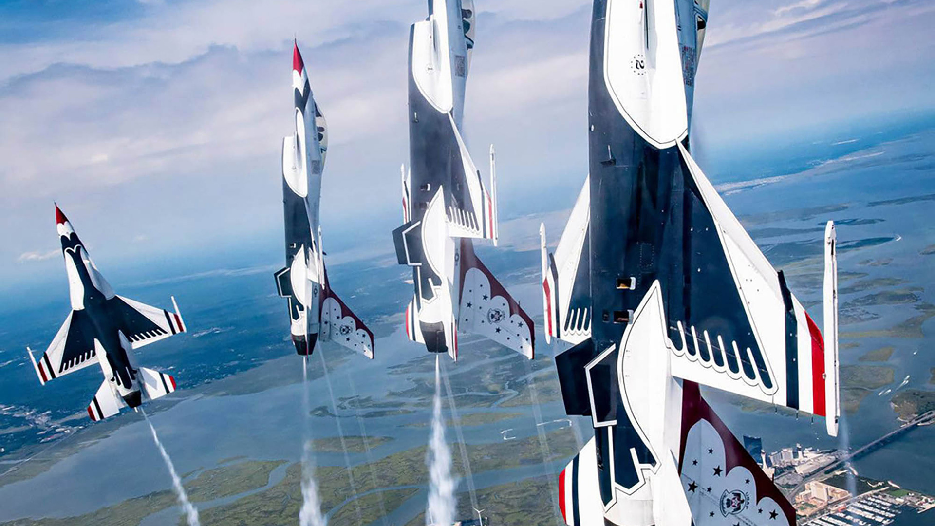 The United States Air Force Thunderbirds in a vertical formation at the Atlantic City Airshow in Atlantic City, New Jersey