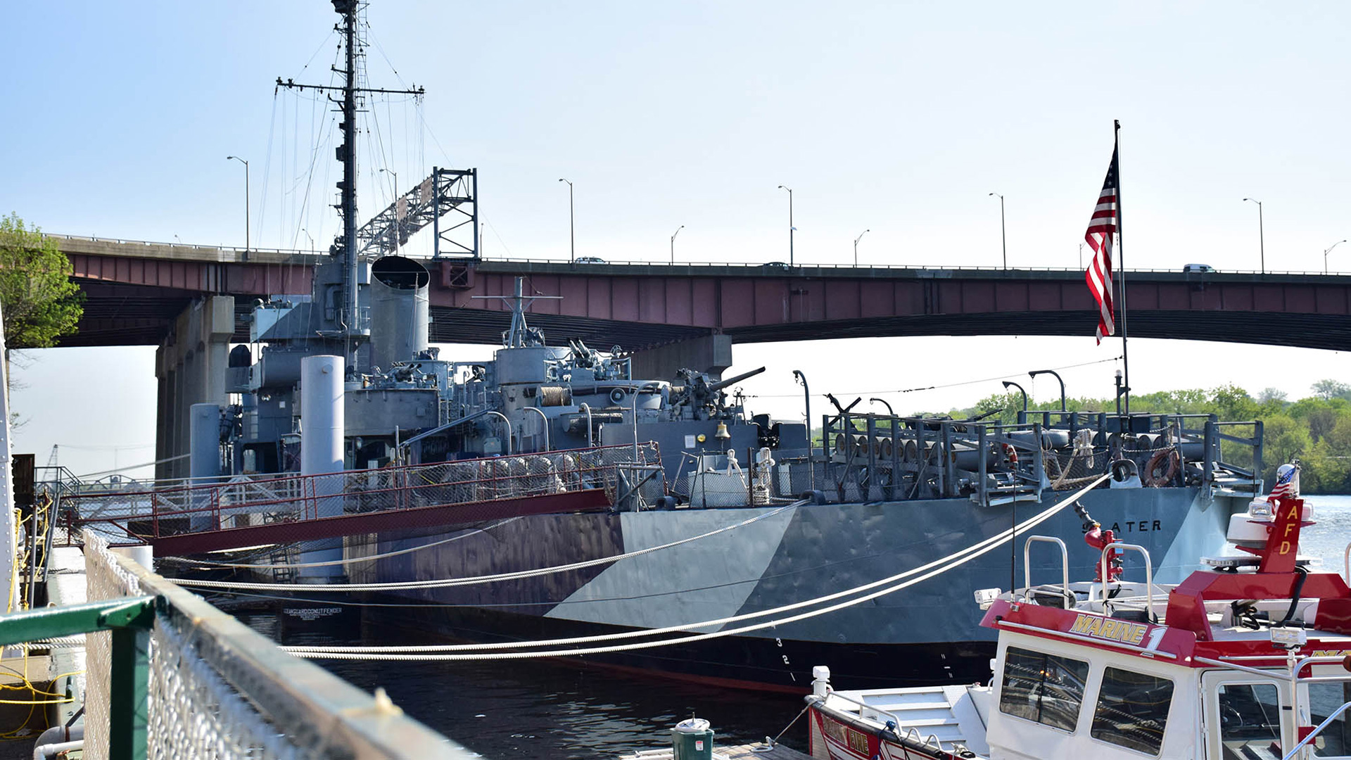 The USS Slater, a restored WWII destroyer escort, moored on the Hudson River in Albany, New York