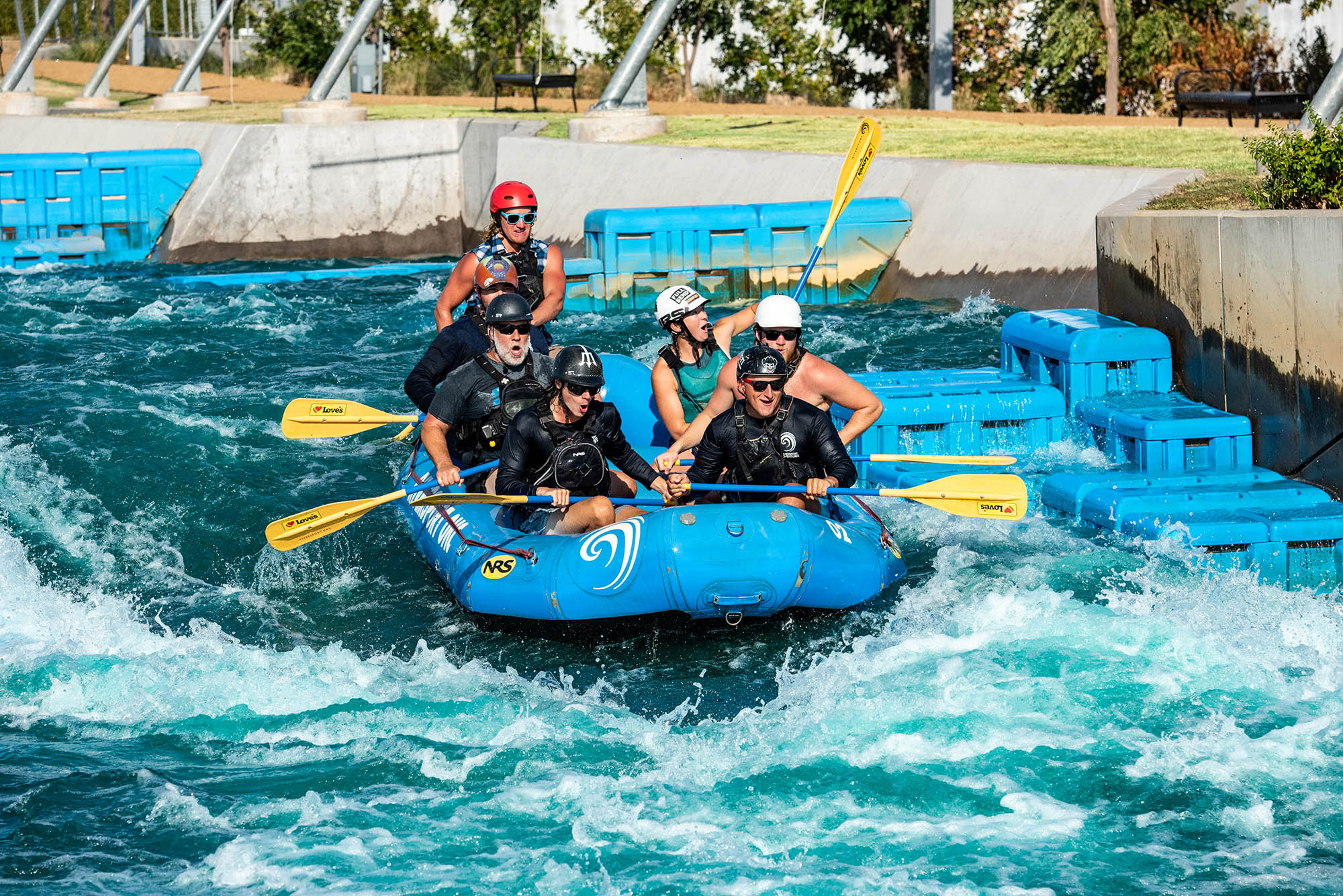 A group whitewater rafting at Riversport in Oklahoma City, Oklahoma