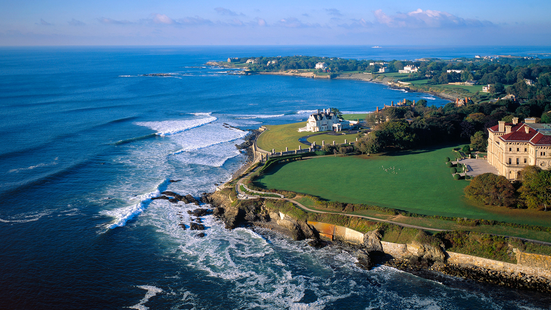 Aerial view of The Breakers mansion in Newport, Rhode Island
