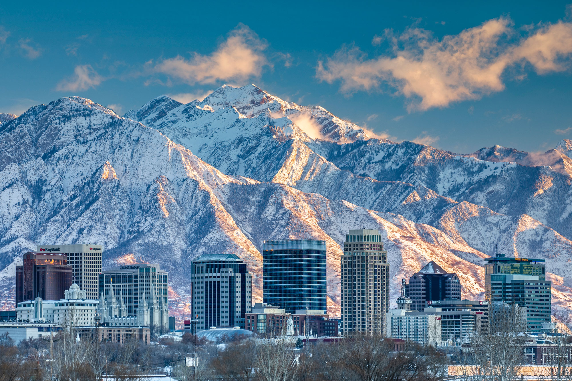  The skyline of Salt Lake City, Utah, framed by the Wasatch Mountains