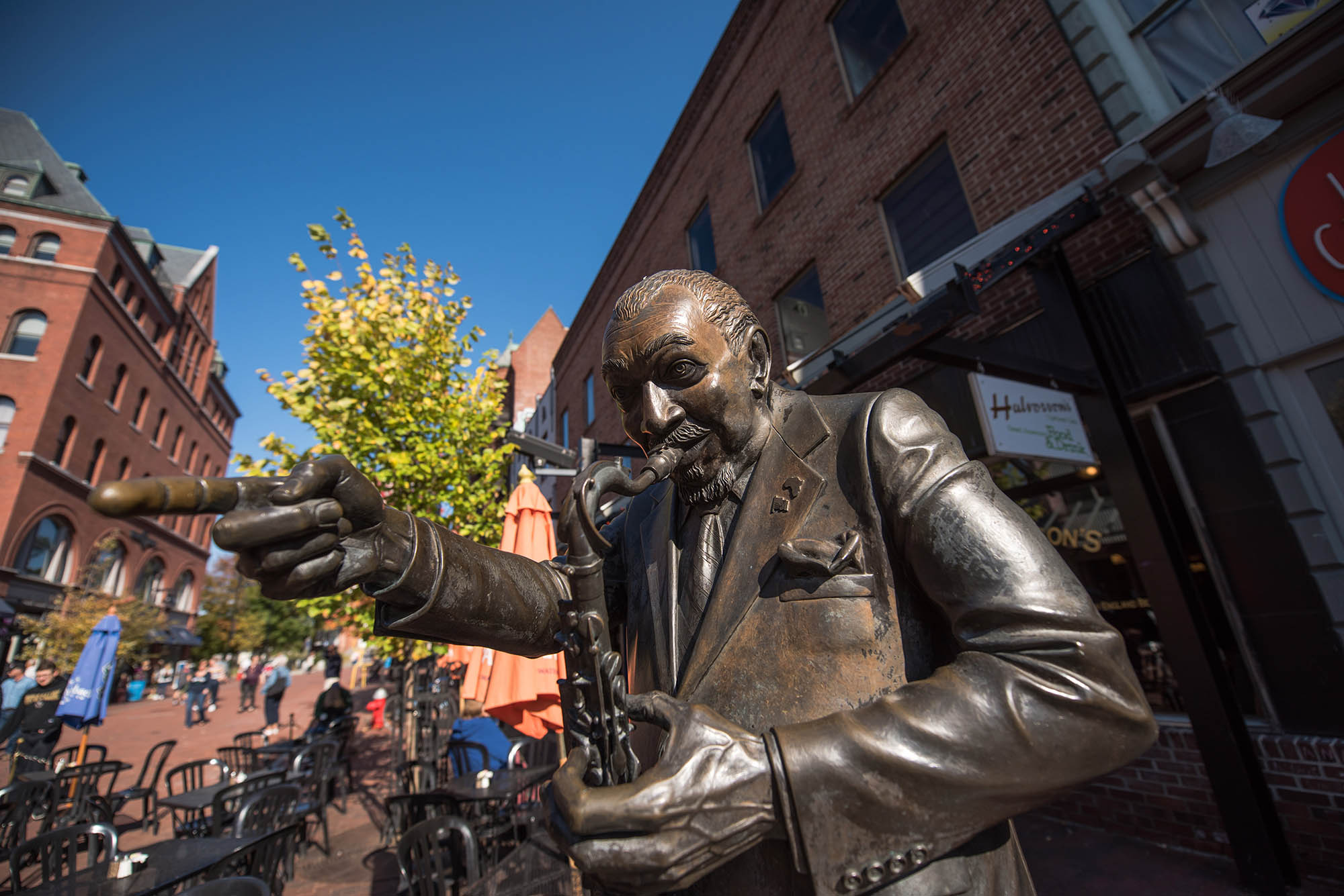 The Big Joe Burrell statue at Church Street Marketplace in Burlington, Vermont