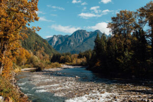 View of the Cascade Mountains from the Skykomish River in Washington state