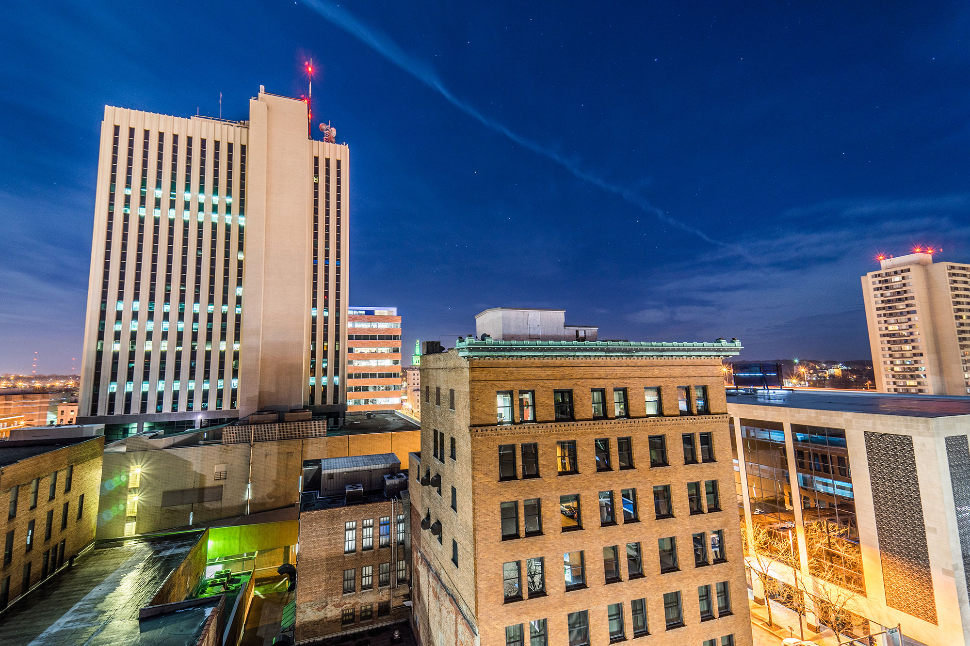 Evening view of high-rise buildings in downtown Cedar Rapids, Iowa