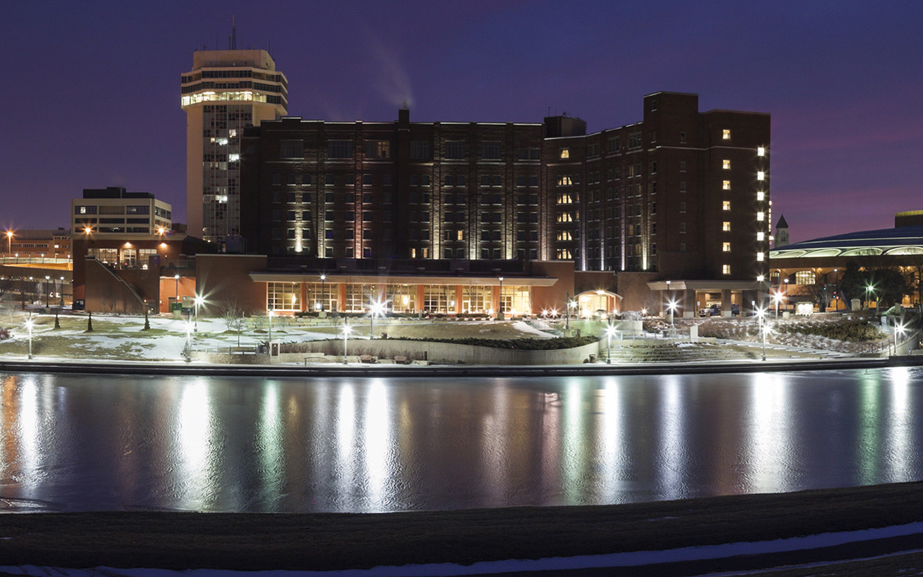 Evening view of the Wichita, Kansas, skyline from the banks of the Arkansas River