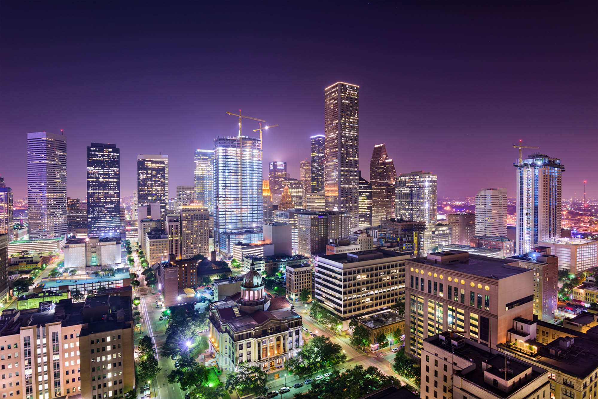 Nighttime skyline view of Houston, Texas