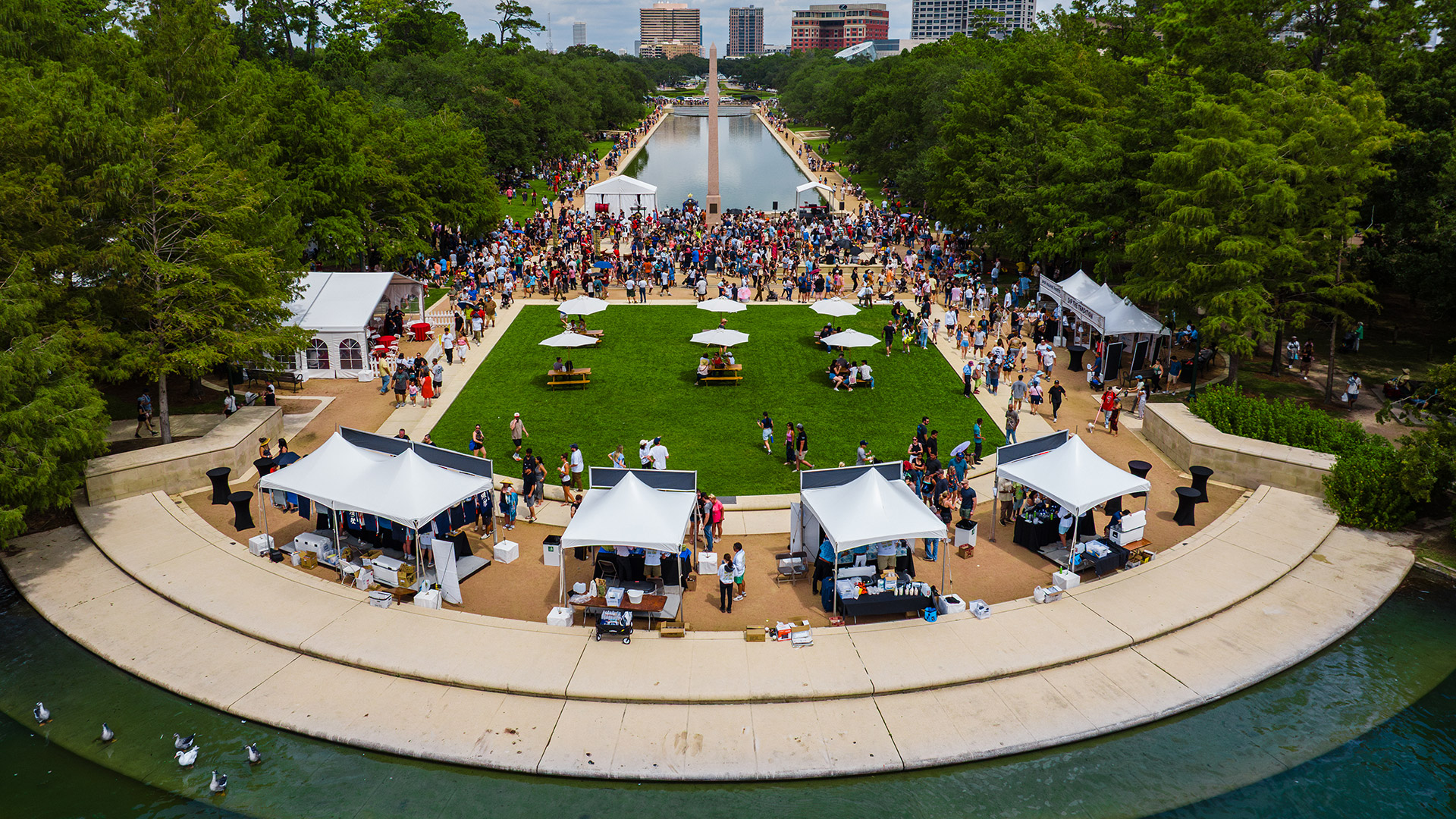 Aerial view of an event at Hermann Park in Houston, Texas
