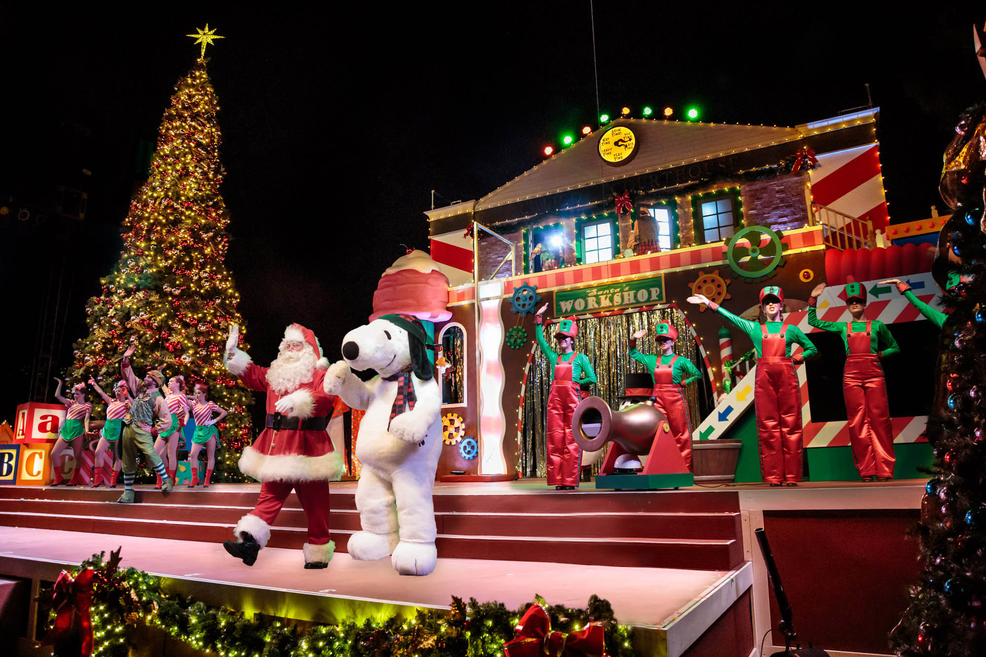 Snoopy and Santa Claus greet crowds during the Knott’s Merry Farm event at Knott’s Berry Farm in Buena Park, California