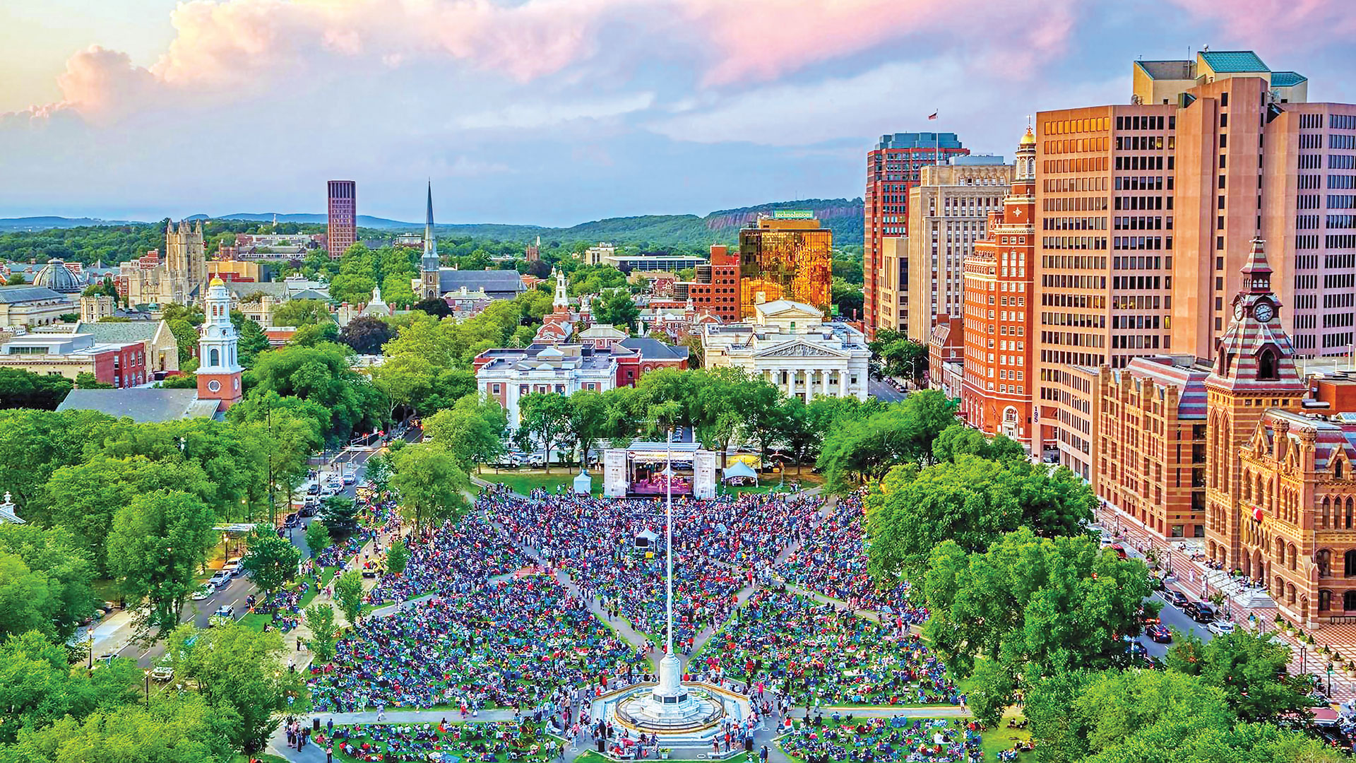 Aerial view of New Haven Green in New Haven, Connecticut
