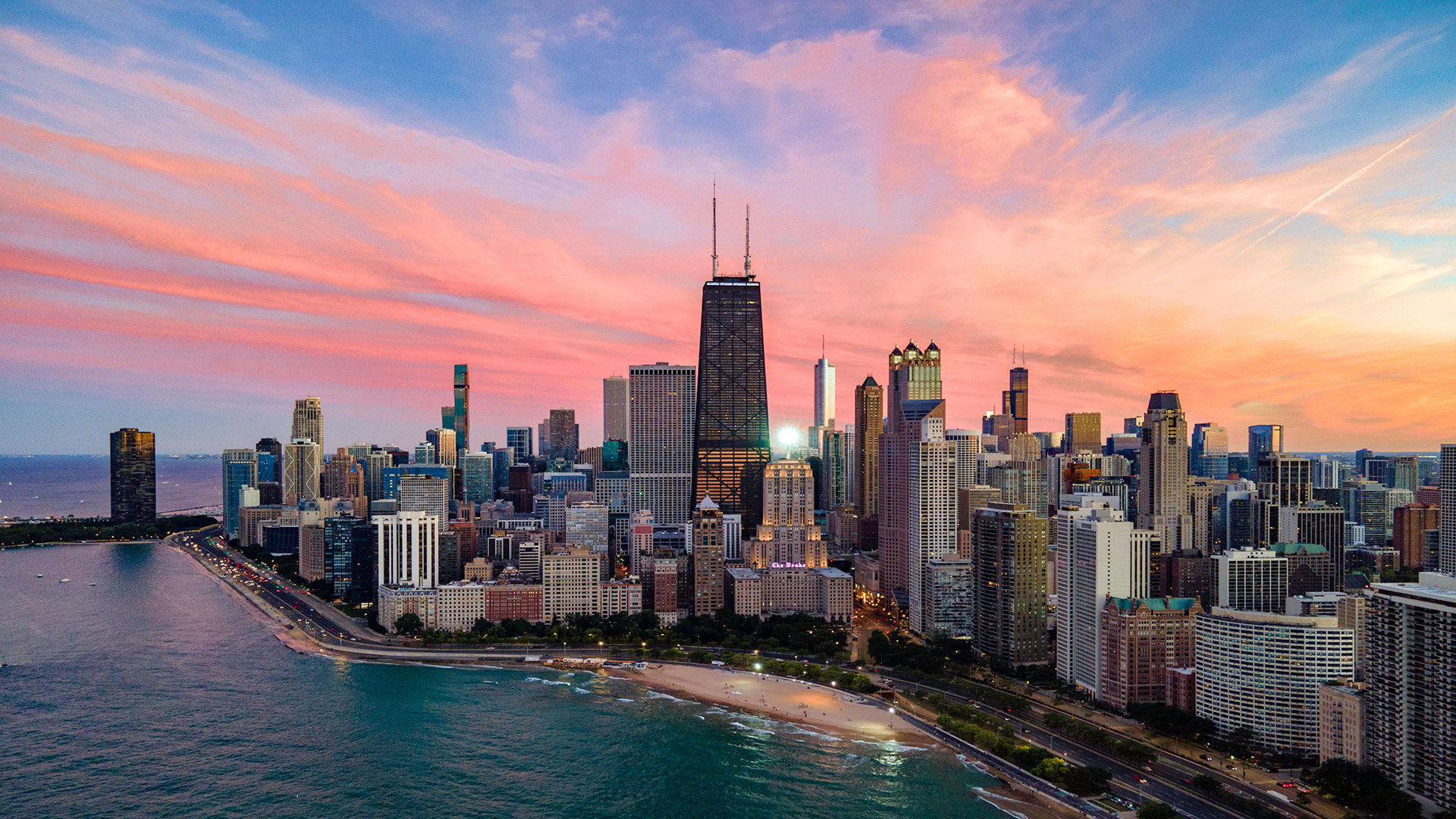 Aerial view of the skyline of Chicago, Illinois.