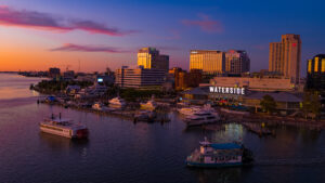 Aerial view of the downtown Norfolk, Virginia, waterfront