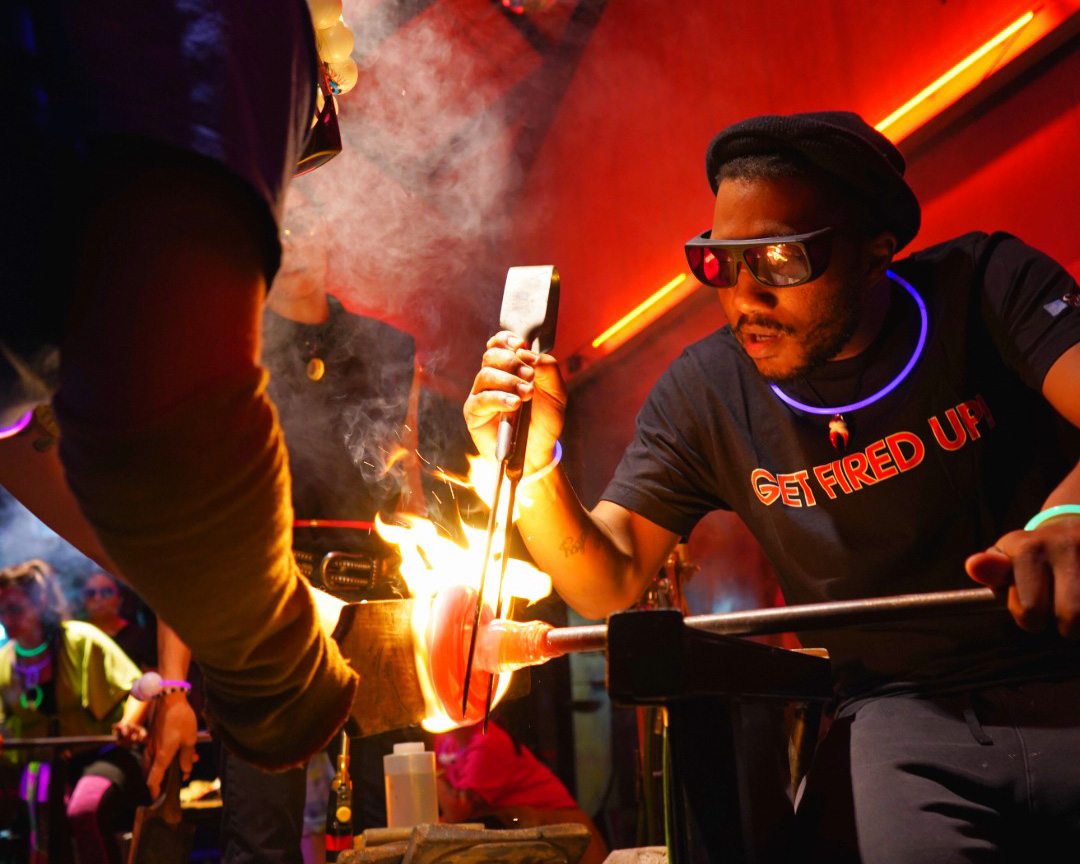 Master glassblower creating art at the Perry Glass Studio in Norfolk, Virginia