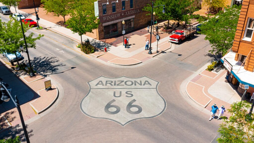 The massive Route 66 shield road mural in Winslow, Arizona; Credit An Pham