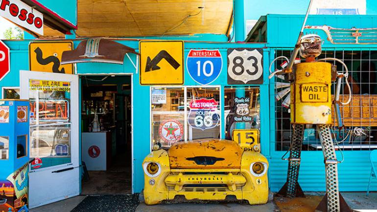 Road signs welcome shoppers to Route 66 Road Relics in Seligman: Credit: An Pham Photography

