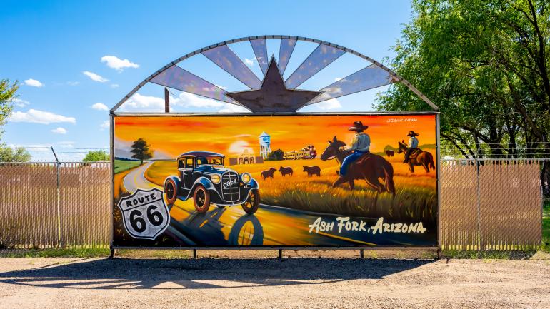 A colorful mural honoring Route 66 history in Ash Fork; Credit: An Pham Photography


