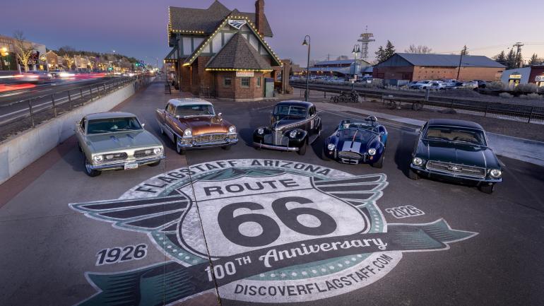A Route 66 street mural at the Flagstaff Visitor Center; Credit: Discover Flagstaff
