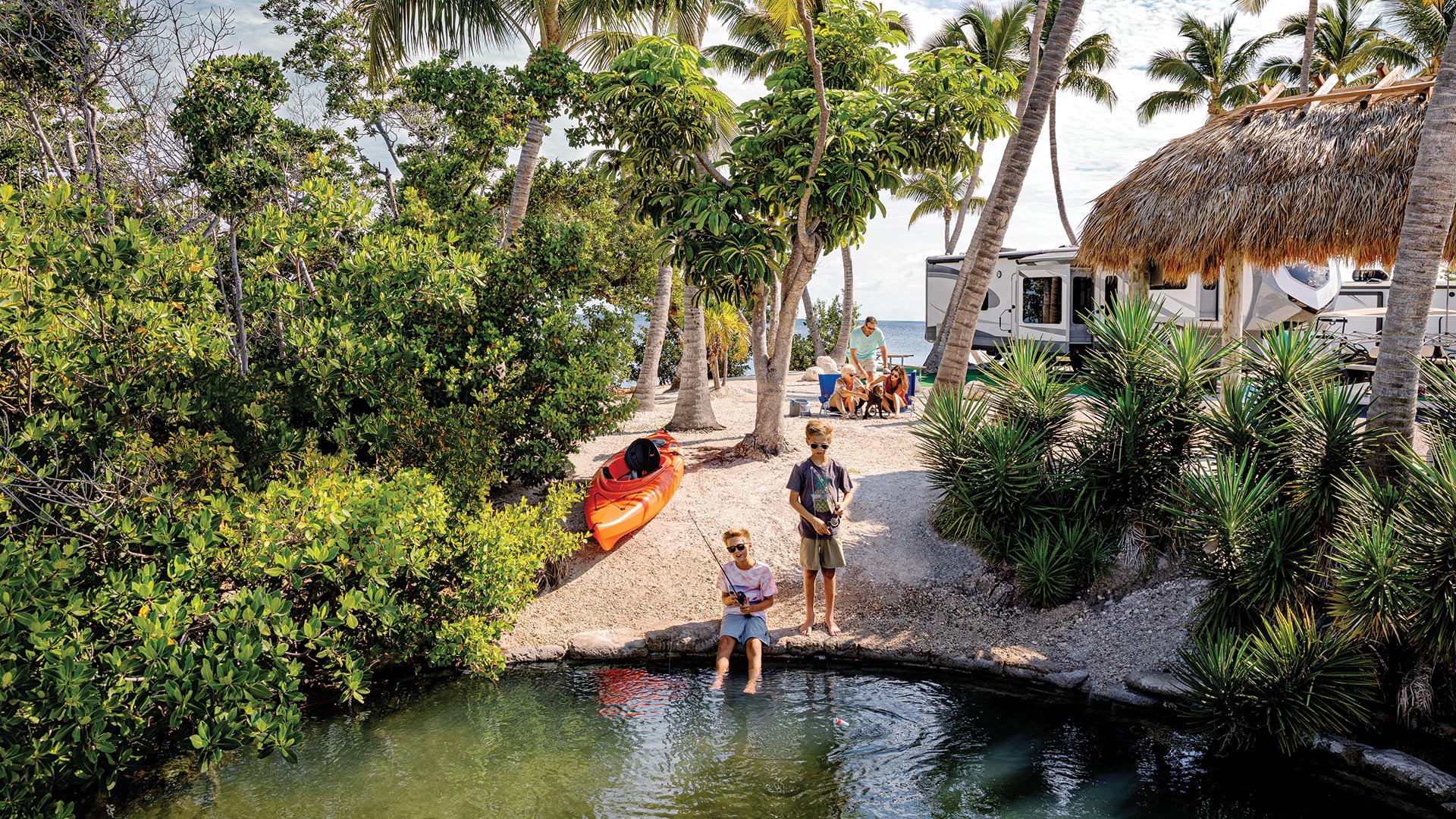 Family fishing while camping in the Florida Keys