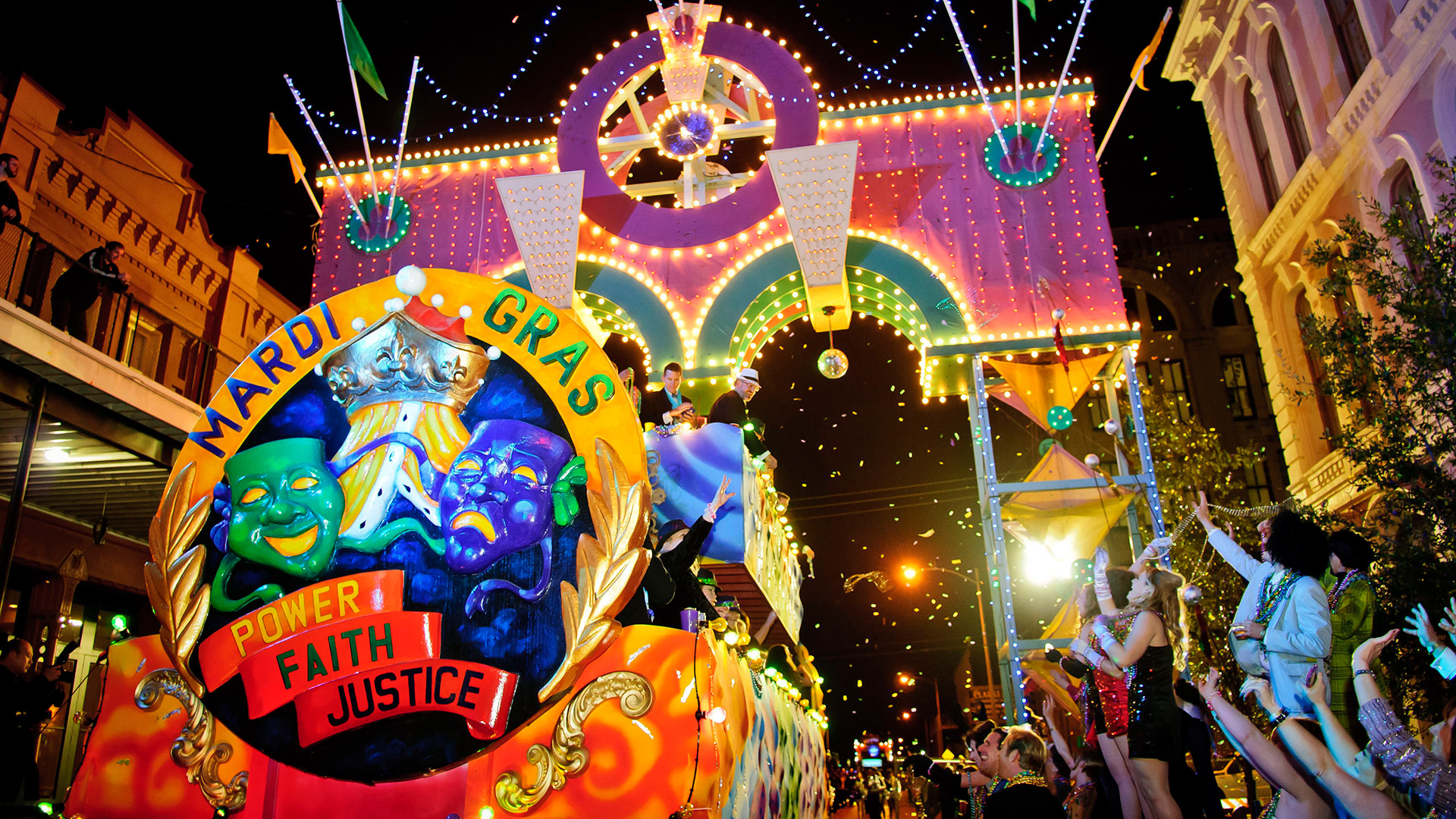 A Mardi Gras parade in downtown Galveston, Texas