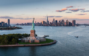 Statue of Liberty and Manhattan in New York City, New York.