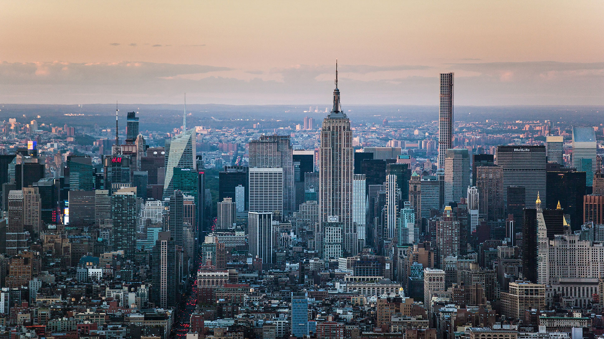View of the Empire State Building and the Manhattan skyline from One World Observatory in New York City, New York.