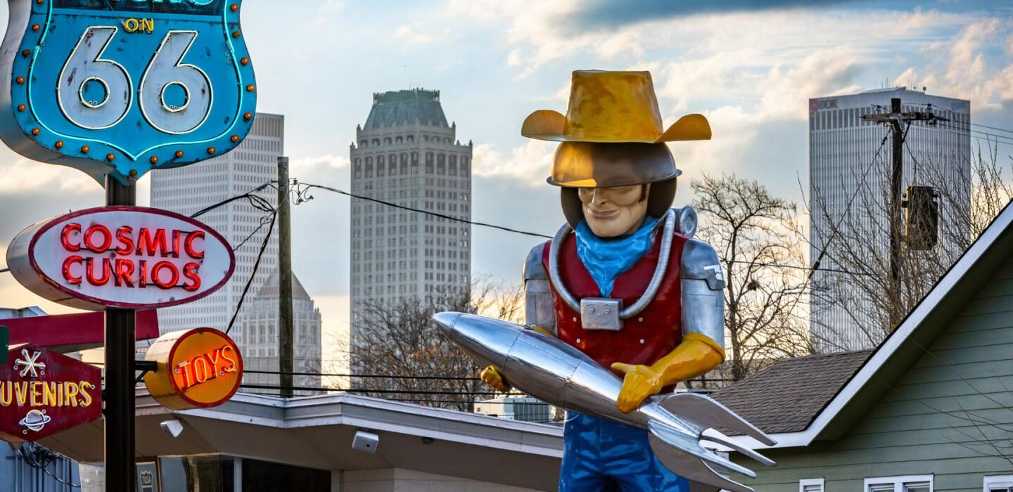 Muffler man statue outside Buck Atom's Cosmic Curios on Route 66 in Tulsa, Oklahoma; Credit: Tyler Lane Photography