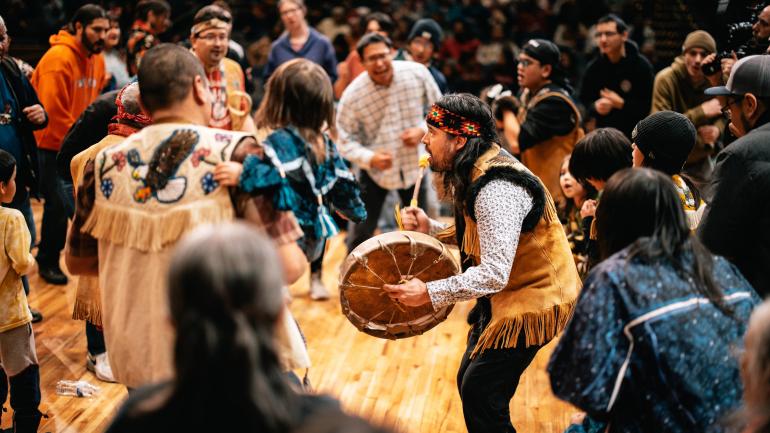Athabascan dancers at the Festival of Native Arts in Fairbanks; Credit: Travel Alaska, ‘Wáats’asdiyei Joe Yates
