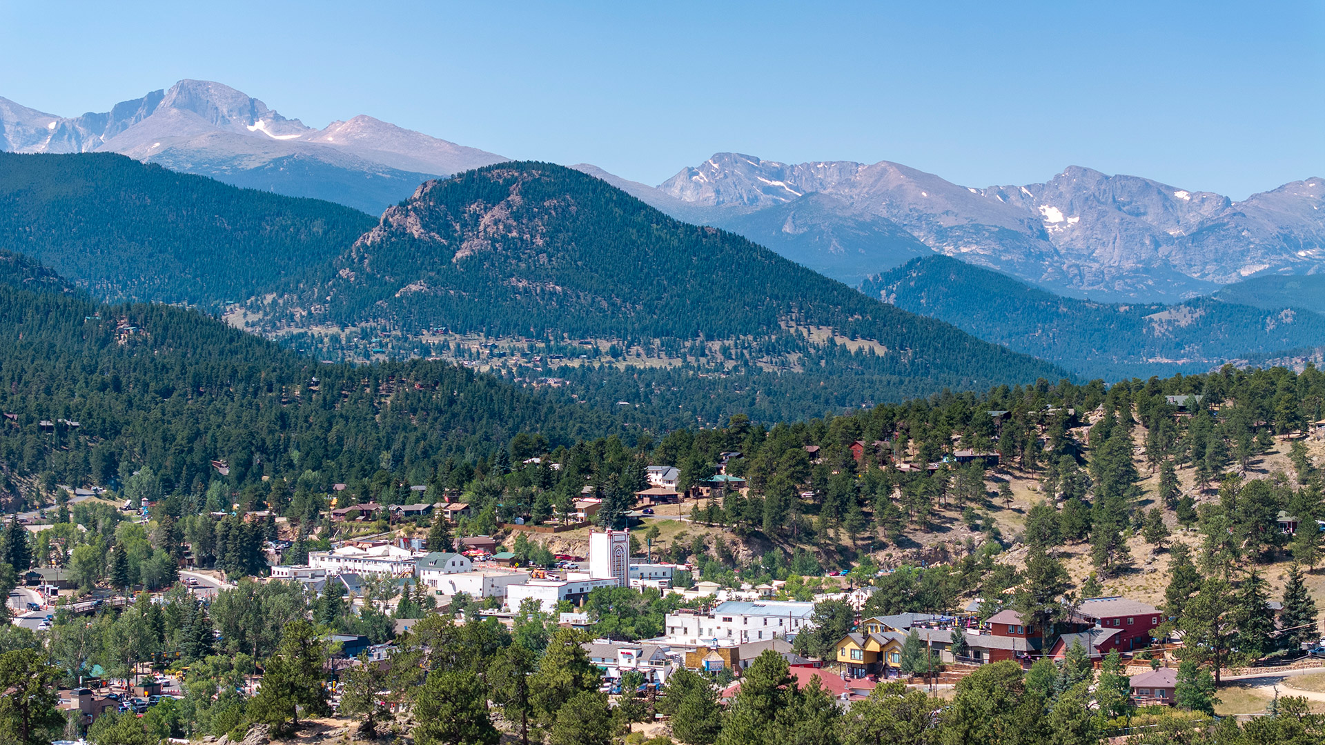 Aerial view of downtown Estes Park, Colorado; Credit: Visit Estes Park